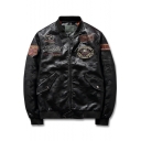 Cool Mens Letter Badge Applique Camo Print Stand-Collar Zip Up Leather Jacket