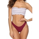 Fashion Cool Striped Print Off the Shoulder Strapless Plain Triangle Bottom Bikini Swimwear