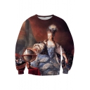 Fabulous Oil-Painting Queen Printed Round Neck Long Sleeves Brown Pullover Sweatshirt