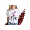 Mother's Day Theme Family Figure Printed Short Sleeve Cotton White T-Shirt