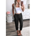 New Trendy Simple Plain Drawstring Waist Leisure Tapered Pants with Pockets