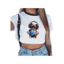 New Arrival Cat Printed Round Neck Short Sleeve Cropped White Tee