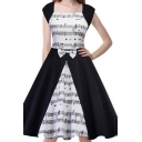 Stylish Contrast Note Printed Square Neck Bow Patch Black and White Midi Fit and Flared Dress