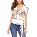 Summer Puff Sleeve Wrap V-Neck Floral Printed Tied Waist White Chiffon Blouse