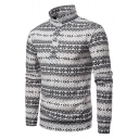 Christmas Snowflake Printed Button Front Stand Collar Mens Jumper Sweater