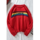 Men's Stylish Rainbow Striped Letter CHINESE Print Round Neck Long Sleeve Pullover Sweater