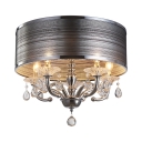 Drum Pendant Lighting with Clear Crystal Decoration Modern Style Gray Fabric Flush Light