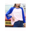 Trendy Colorblocked Letter PRIVATE DANCE Printed Round Neck Long Sleeve Loose T-Shirt