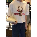 Street Style Letter Leopard Deer Print Round Neck Short Sleeve Relaxed Fit T-Shirt