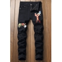 Mens Hot Fashion Floral Bird Embroidery Distressed Stretch Fit Black Ripped Jeans