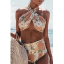 New Stylish Sexy Floral Printed Halter Backless Yellow Beach Bikini