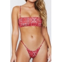 Women's New Trendy Ethnic Floral Printed Spaghetti Straps Red Sexy Bikini Swimwear