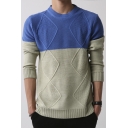 Fashion Mens Crewneck Jacquard Color Block Long Sleeve Casual Pullover Sweater