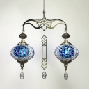 Lantern Living Room Chandelier Mosaic 2 Lights Moroccan Pendant Lamp in Blue/Red