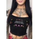 New Trendy Sleeveless Embroidery Floral Letter Pattern Summer Black Cami Top
