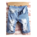 Summer Mens Simple Ripped Rolled Cuff Retro Light Blue Straight Fit Denim Shorts