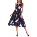Womens Fashion Straps Navy Floral Printed Midi A-Line Cami Dress