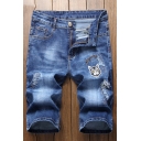 Mens Street Fashion Embroidered Letter Cat Floral Printed Straight Blue Denim Shorts