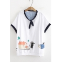 Fashion Tied Collar Short Sleeve Cartoon House Printed Relaxed T-Shirt