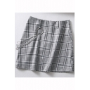 Cool Chain Embellished Plaid Pattern Grey Women's Bodycon Mini Skirt