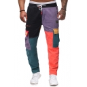 New Trendy Drawstring Waist Color Block Patchwork Flap Pocket Side Corduroy Cargo Pants Trousers for Men