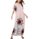 Boho Style Wave Striped Floral Print Round Neck Buttons Front Short Sleeve Pink Cotton Maxi T-Shirt Dress