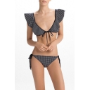 Fashion Polka Dot Printed Ruffle Sleeve Tied Front Black Bikini Swimwear