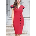 Women's New Stylish Buttons Patched V-Neck Short Sleeve Red Midi Bodycon Dress