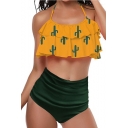 Hot Fashion Chic Ruffle Detail Allover Cactus Pattern Halter Neck High Waist Bottom Bikini Swimwear