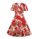 Women's Summer V-Neck Short Sleeves Allover Floral Pattern Mini A-Line Dress