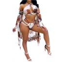 Floral Print Long Sleeve Open Front Cover Up with Hollow Out Detail Halter Sleeveless Triangle Bikini Set