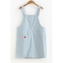 Lovely Students Heart Embroidered Pocket Patched Mini Overall Dress