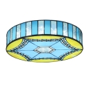 Mediterranean Style Blue&Yellow&Frosted Glass Drum Shape Flush Mount Light for Living Room