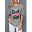 Stylish Cute Flag Cat Pattern Round Neck Cold Shoulder Casual Gray T-Shirt