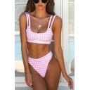 Fashion Zipper Front Sleeveless Crop Tank Plaid Printed Pink Bikini