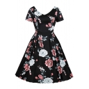 Retro Black Floral Printed V-Neck Short Sleeves Midi Fit and Flared Dress