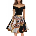 Unique Trendy Printed Off the Shoulder Short Sleeves Bow-Tied Front Black Midi Flare Dress