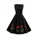 Women's Retro Style Floral Embroidered Black Lace Patched Midi Fit and Flared Dress