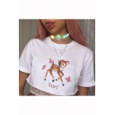 Cartoon Deer Butterfly Letter SURE Printed Short Sleeve White Loose Cropped T-Shirt