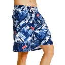 Unisex Fashion Surfer Flag Printed Drawstring Waist Loose Quick-Dry Flap Pocket Back Blue Swim Shorts