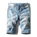 Mens Retro Fashion Destroyed Ripped Light Blue Casual Denim Shorts