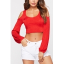 Women's Sexy Red Cold Shoulder Long Sleeve Cropped T-Shirt