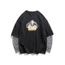 Fake Two-Piece Round Neck Long Sleeve Striped Figure Letter Print Unisex Pullover Sweatshirt