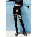 Punk Style Cool Pentagram Hollow Out Zipper Black Slim Fit Pants