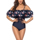 Off The Shoulder Short Sleeve Ruffle Cut-Out Front Flora Animal Printed One Piece Swimwear