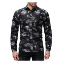Mens Fashion Conch Shell Printed Long Sleeve Spread Collar Black Casual Fitted Shirt