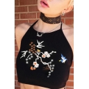 New Fashion Floral Embroidered Open Back Black Cropped Cami Top