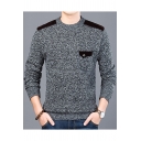 Mens Trendy Plain Epaulets Elbow Patched Crew Neck Long Sleeve Pullover Sweater
