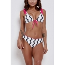 Wave Striped Printed Pleated Trim Tied Front Sleeveless High Waist Bottom Bikini Swimwear
