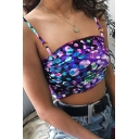Summer Popular Allover Printed Ruched Design Girls Purple Cropped Cami Top